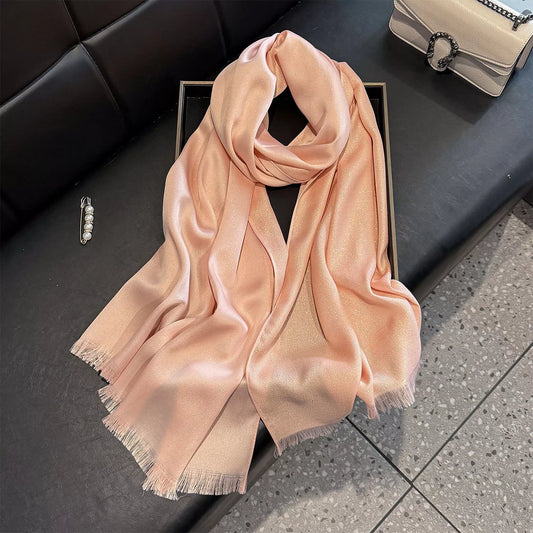 Unisex Raw Hem Scarf in Beige - styled detail 2