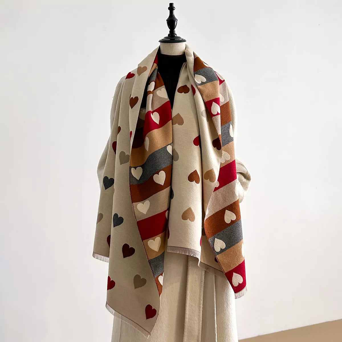 Women's Heart Pattern Fringe Winter Scarf in Beige - front view 1