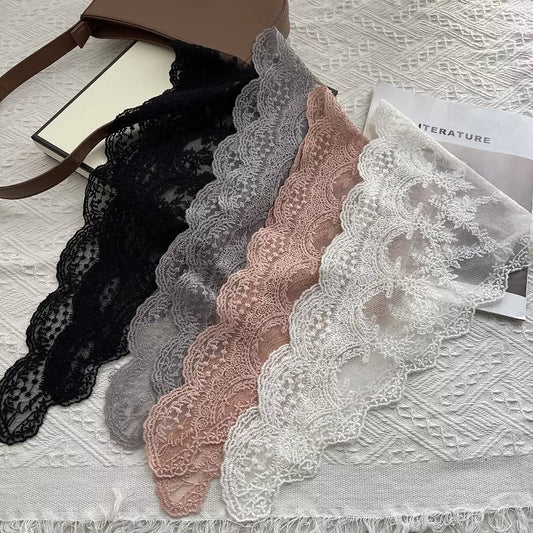 Women's Cotton Lace Neck Scarf — black gray pink and pale lace scarves displayed together