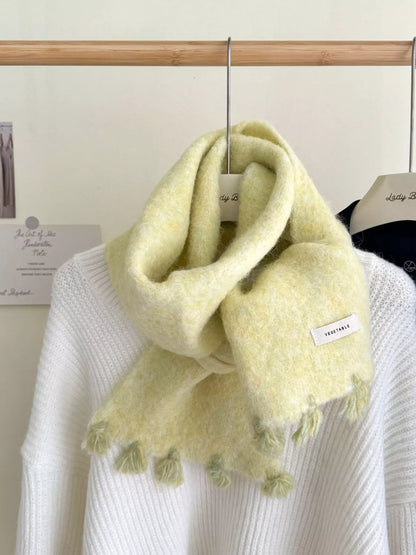 Unisex Tassel Knitted Scarf — light yellow scarf tied with tasseled ends forward