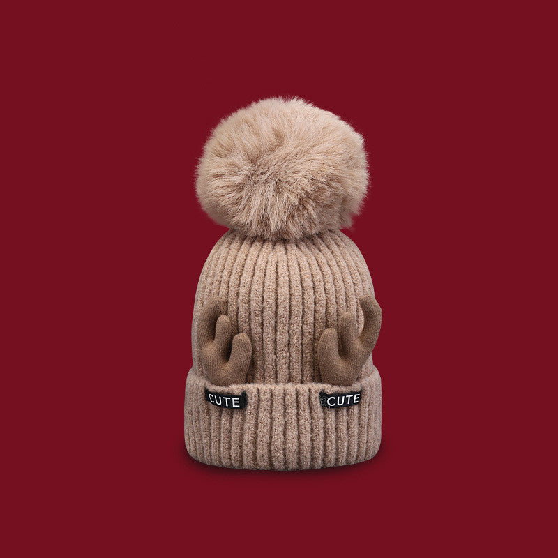 Women's Christmas Antler Knit Beanie - Pink side angle