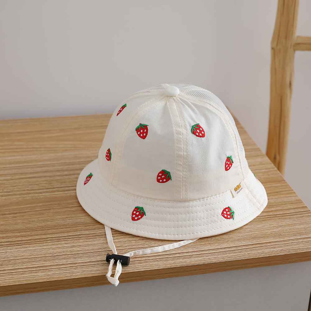 Kids Red Strawberry Embroidered Mesh Bucket Sun hat curved brim detail