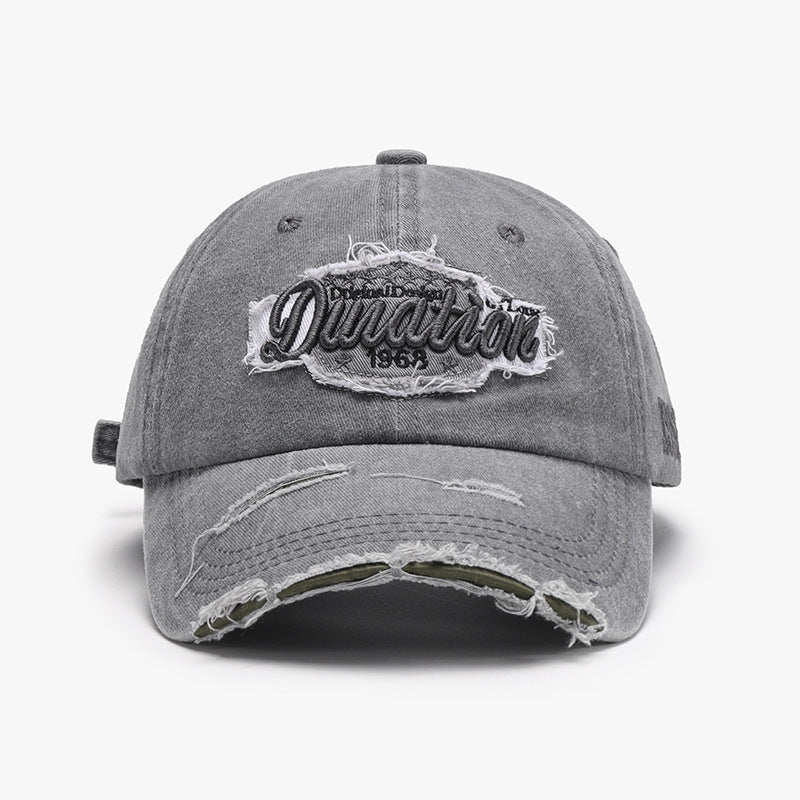Unisex Smoky Gray Distressed Embroidered Washed Cotton Baseball Cap material detail