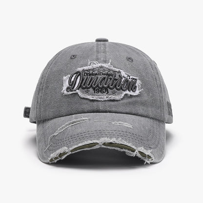 Unisex Smoky Gray Distressed Embroidered Washed Cotton Baseball Cap material detail
