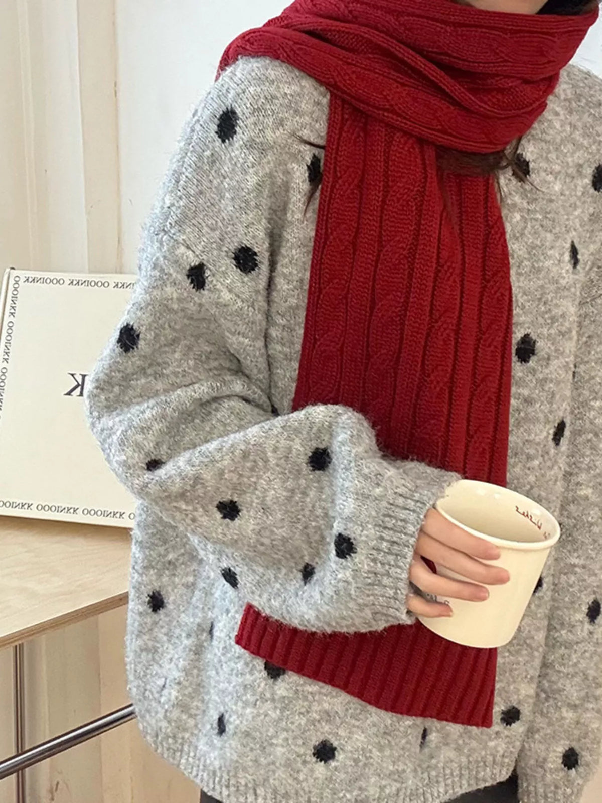 Unisex Cable Rib Winter Scarf — red scarf styled with both textured ends in front