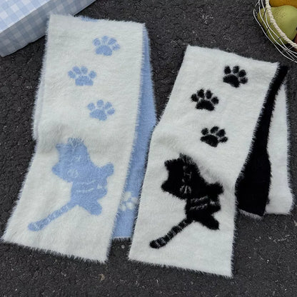 Unisex Cat Paw Pattern Scarf — pale reverse-looking scarf faces with cat and paw details