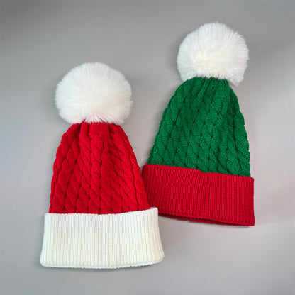 Unisex Christmas Pom Pom Beanie – Red & Green Cable Knit Winter Hat - Christmas Green decorative detail
