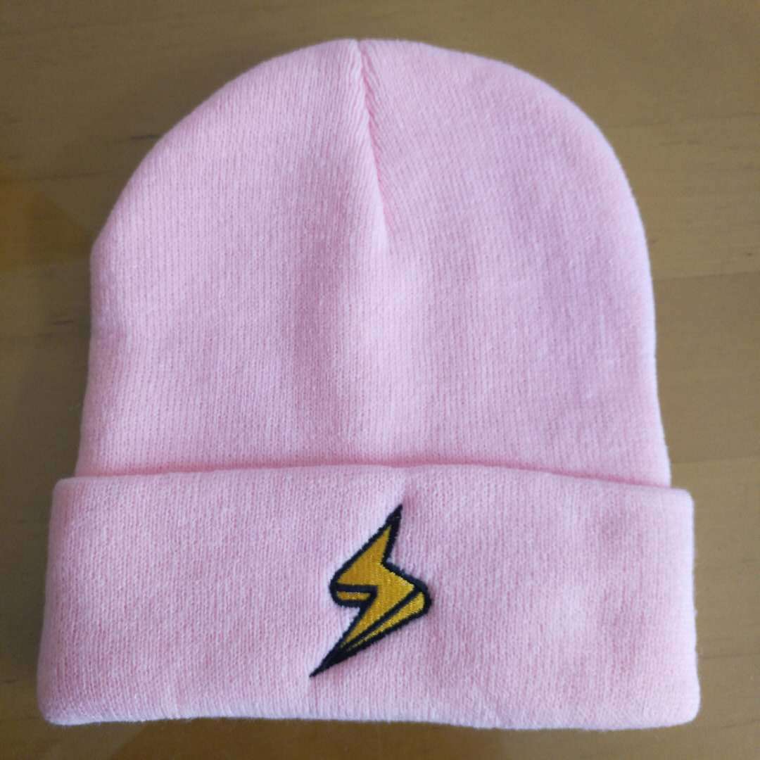Pink lightning bolt beanie with a broad folded cuff