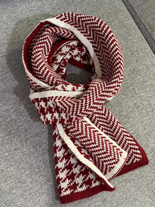 Unisex Houndstooth Pattern Warm Winter Scarf in Burgundy - styled detail 2