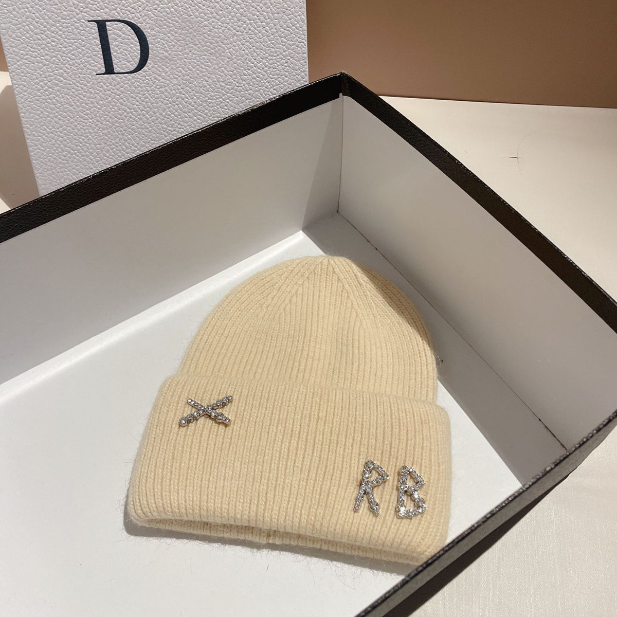 Women's Rhinestone Embellished RB Letter Knit Winter Beanie — pale yellow RB beanie shown in the gallery