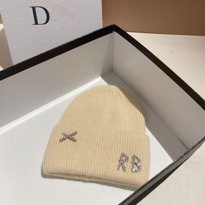 Women's Rhinestone Embellished RB Letter Knit Winter Beanie — pale yellow RB beanie shown in the gallery