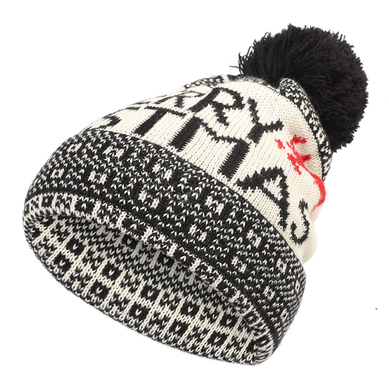 Unisex Nordic Pattern Pom Pom Beanie – Cotton Knit Winter Hat - Red texture close-up