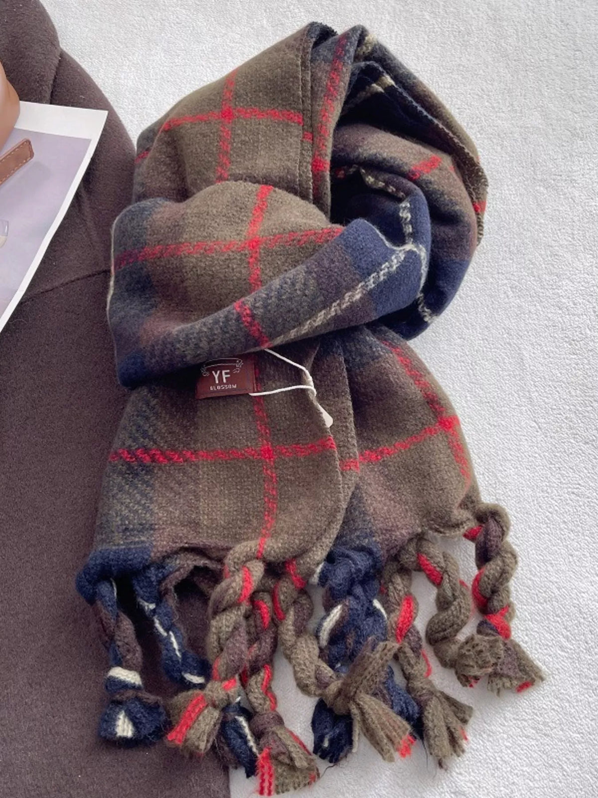 Unisex Warm Plaid Tassel Scarf — dark green plaid scarf with red grid accents