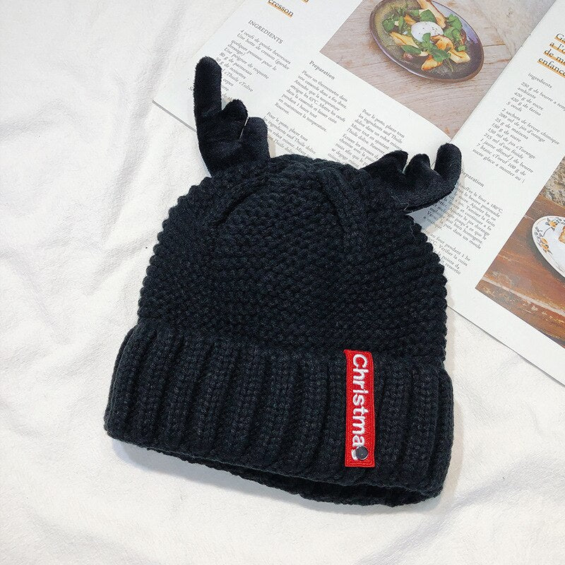 Unisex Cute Antler Knit Christmas Beanie - Black front view