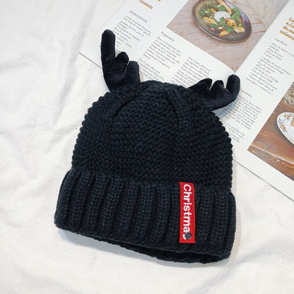 Unisex Cute Antler Knit Christmas Beanie - Black front view
