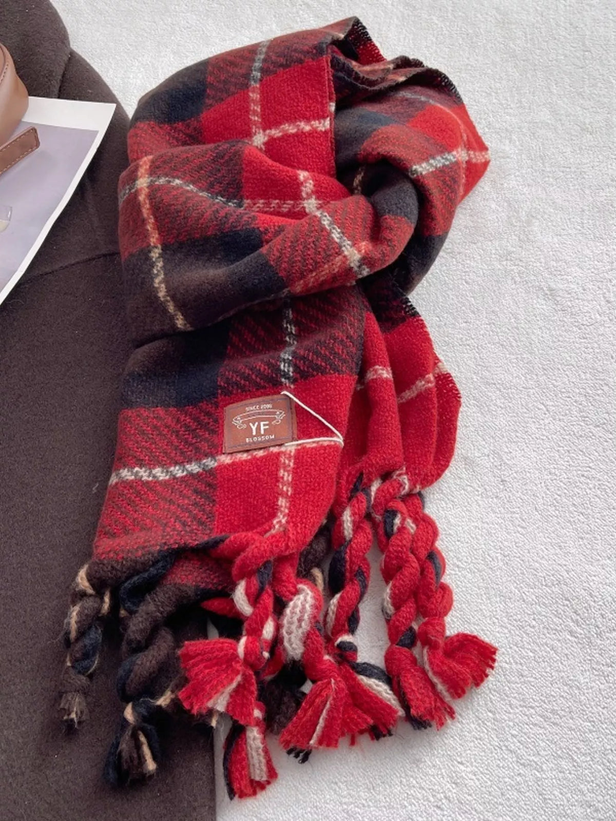 Unisex Warm Plaid Tassel Scarf — red checked scarf with twisted tassels
