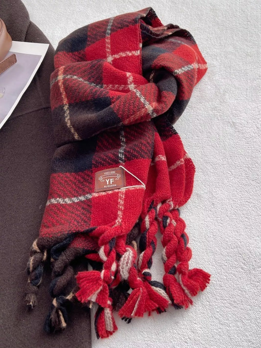 Unisex Warm Plaid Tassel Scarf — red checked scarf with twisted tassels