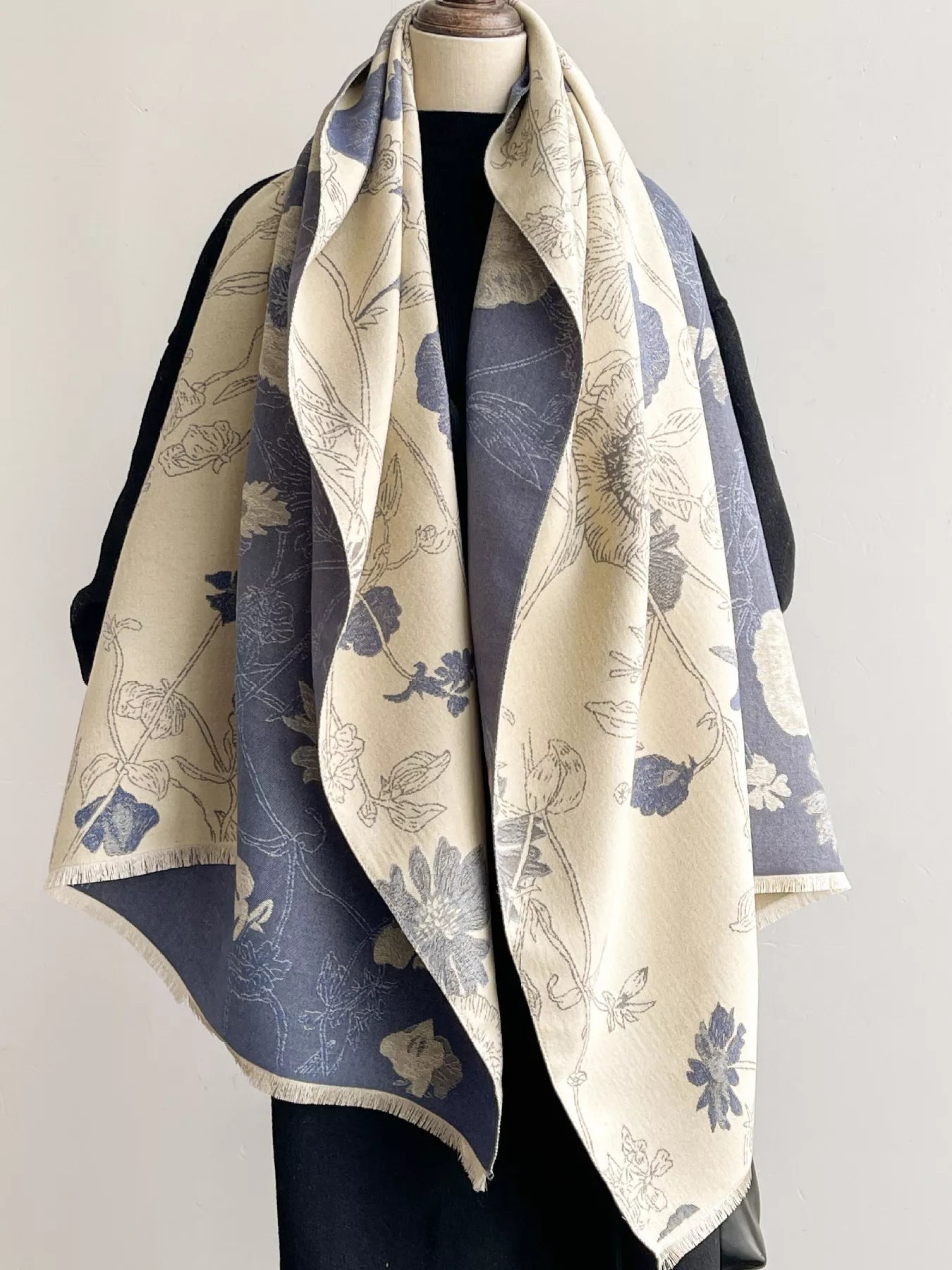 Women's Floral Print Reversible Scarf in Blue - front view 1