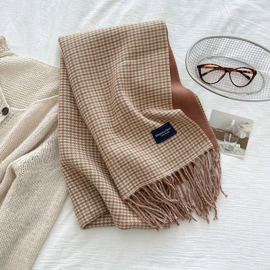 Unisex Plaid Fringe Warm Winter Scarf in Dark Brown - styled detail 2