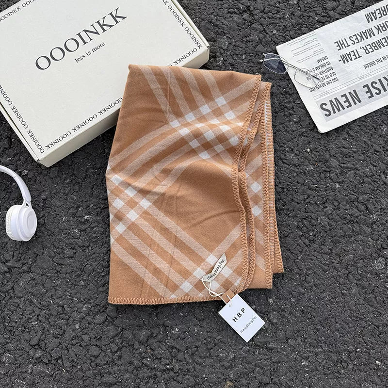 Unisex Classic Windowpane Scarf — khaki scarf showing a pale windowpane pattern