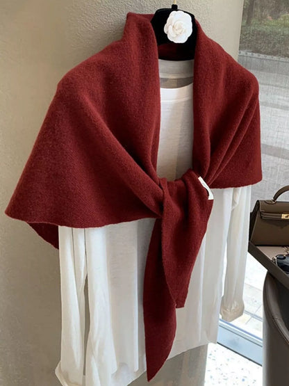 Women's Red Wool Triangle Shawl — red wool shawl tied over a pale top