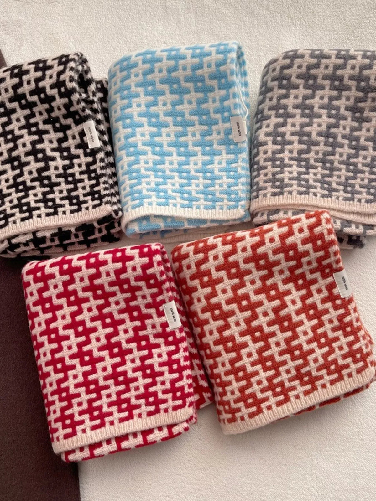 Unisex Wool Geometric Pattern Knitted Warm Scarf — five folded geometric wool scarves in contrasting colors