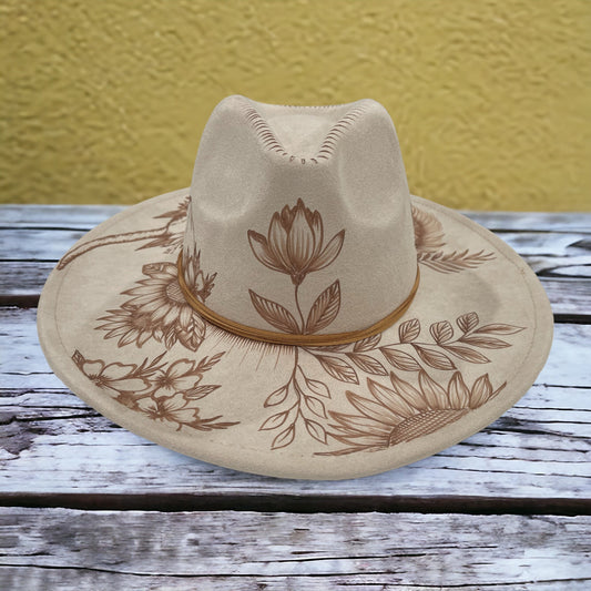 Front view of the Boho Luxe hat showing a lotus design on the crown