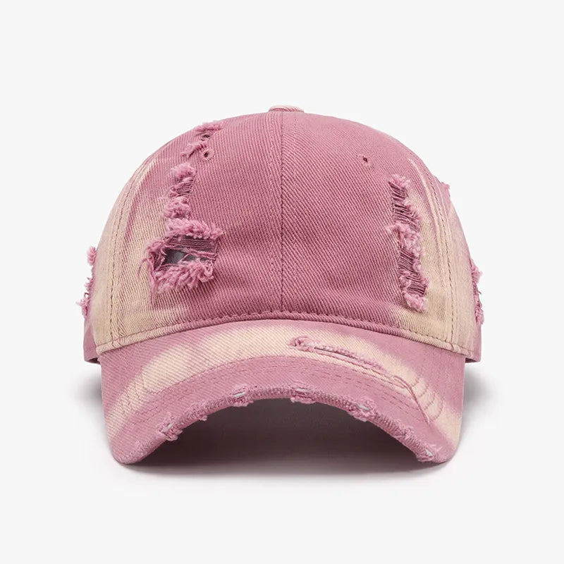 Curved brim colorblock cap worn texture close-up