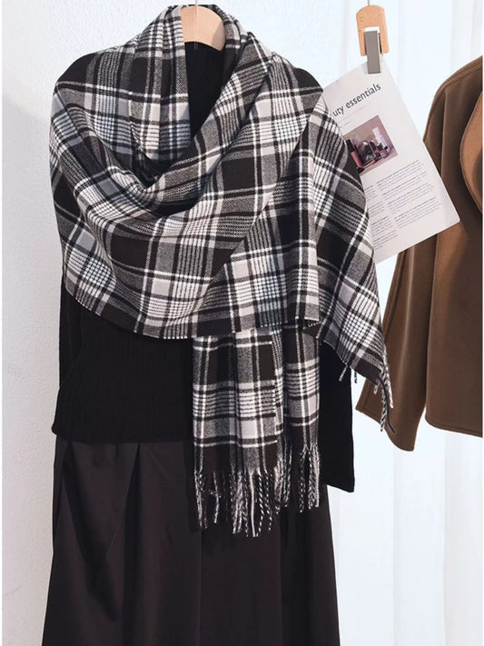 Unisex Plaid Tassel Hem Winter Scarf in Black And White - front view 1