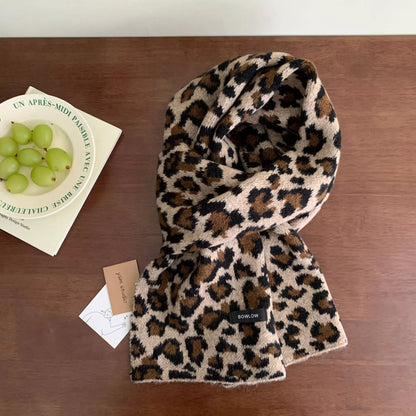 Unisex Animal Print Wool Scarf — brown spotted scarf tied to show its animal pattern