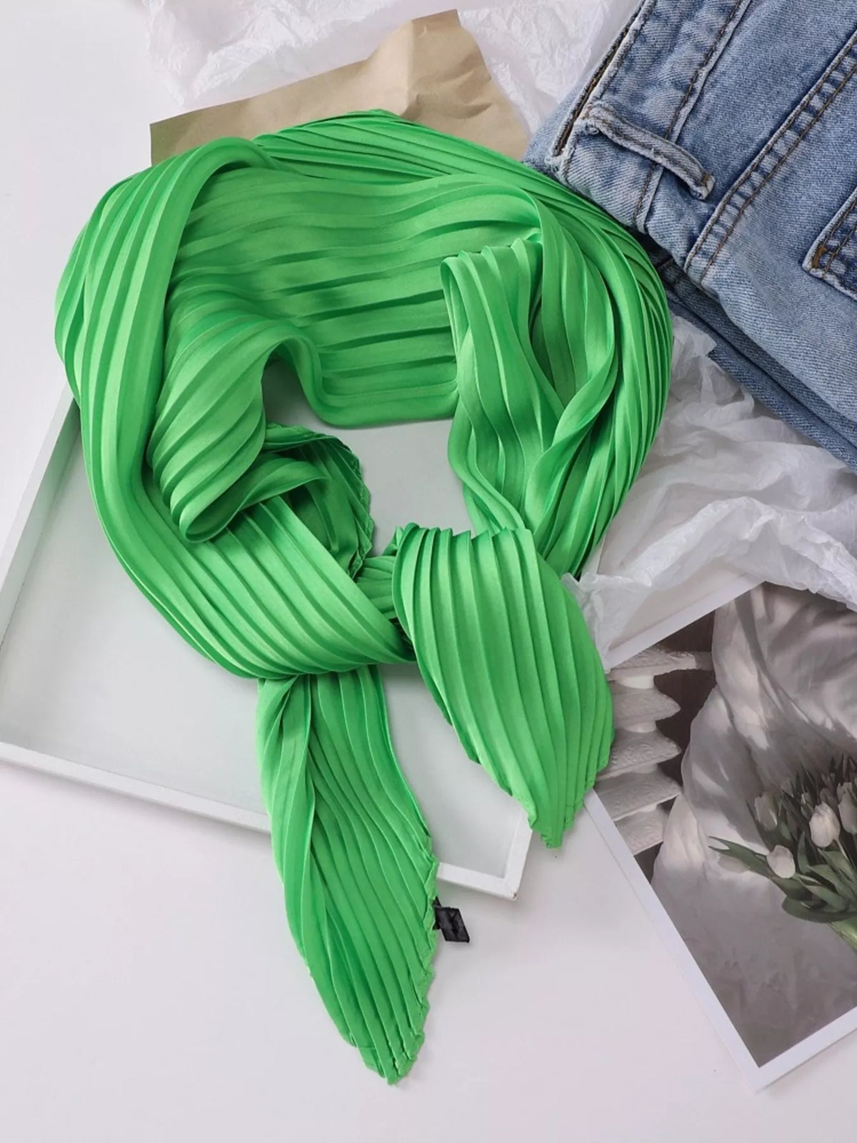 Unisex Pleated Satin Neck Scarf — green scarf with close-set pleats and pointed ends