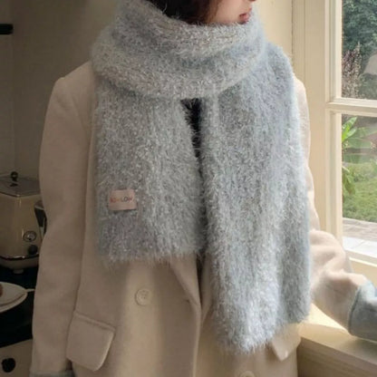 Unisex Soft Plush Winter Warm Scarf — pale blue plush scarf worn with a light cardigan
