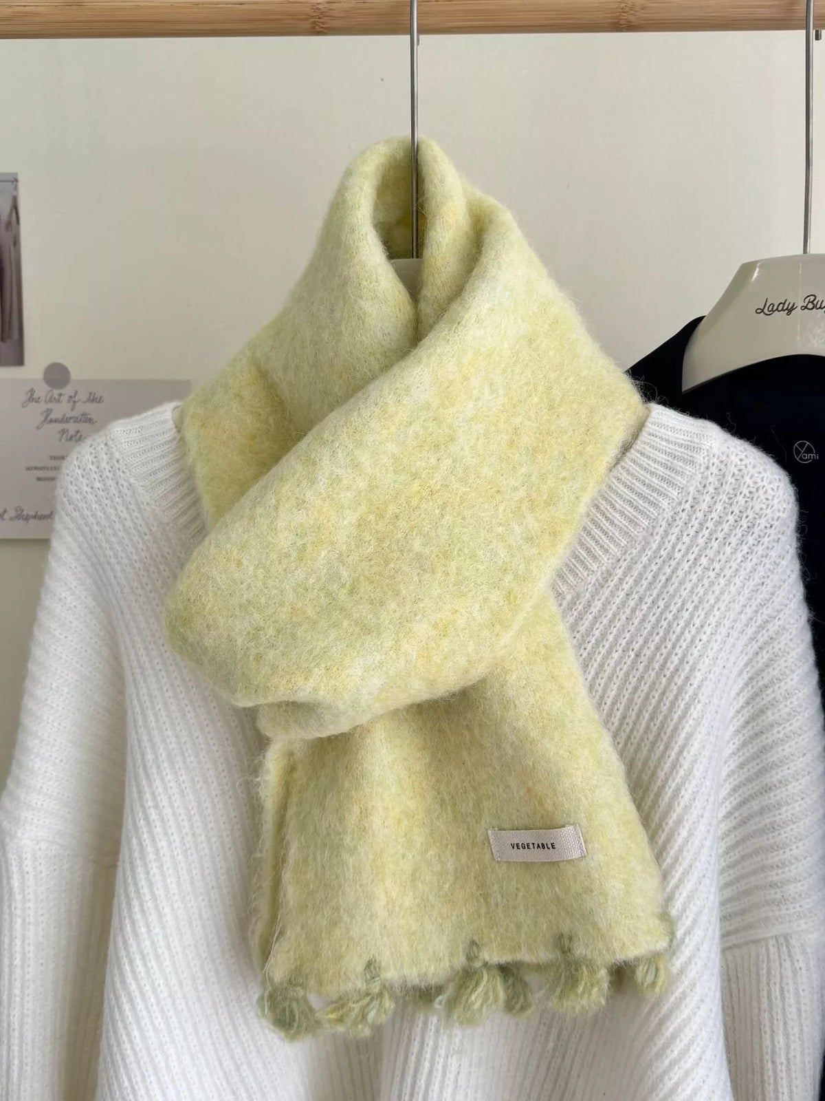 Unisex Tassel Knitted Scarf — pale yellow scarf with short tassel edge
