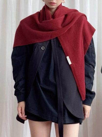Women's Red Wool Triangle Shawl — alternate outfit view showing the red shoulder layer