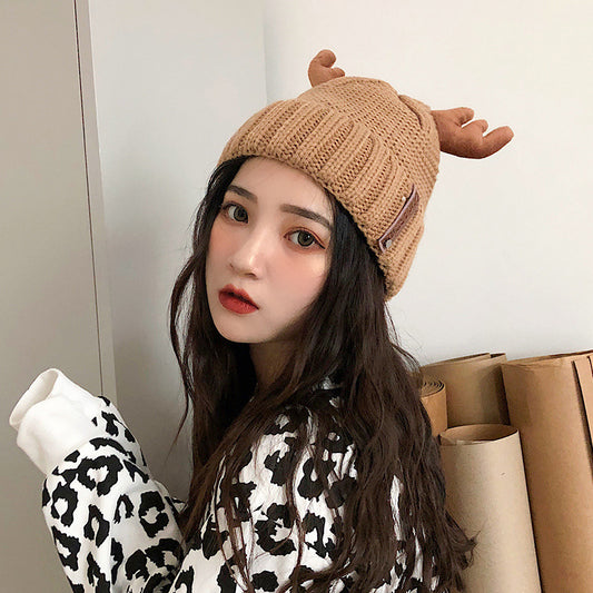 Unisex Cute Antler Knit Christmas Beanie - Coffee side angle