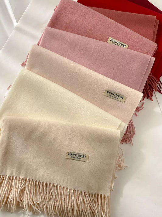 Unisex Fringe Solid Color Scarf in Cream - front view 1