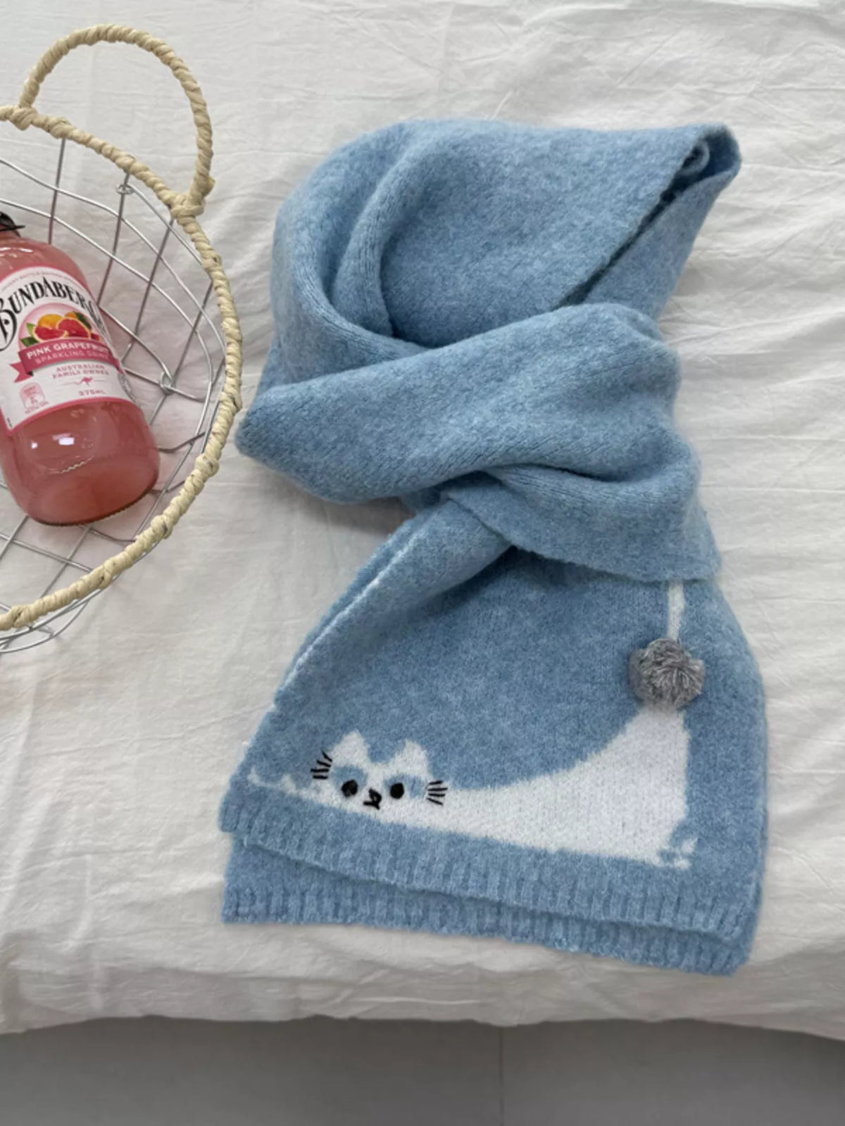Unisex Playful Cat Knit Scarf — blue cat detail scarf loosely looped