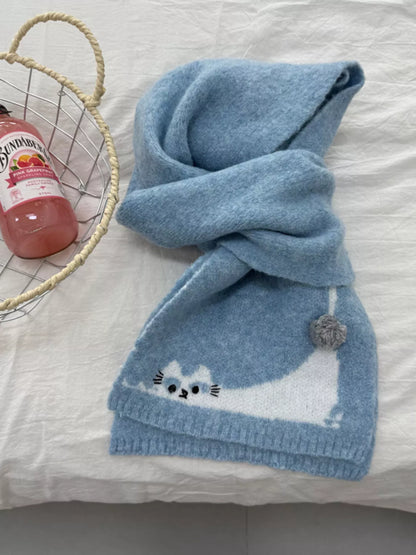 Unisex Playful Cat Knit Scarf — blue cat detail scarf loosely looped