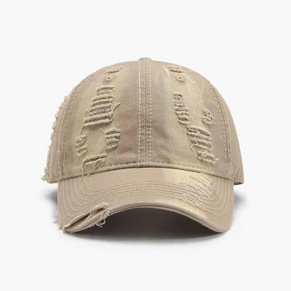Khaki distressed cotton baseball cap worn-in detail