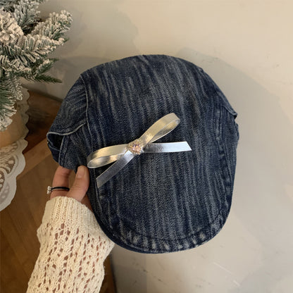 Womens vintage denim newsboy cap with bow - product photo 9
