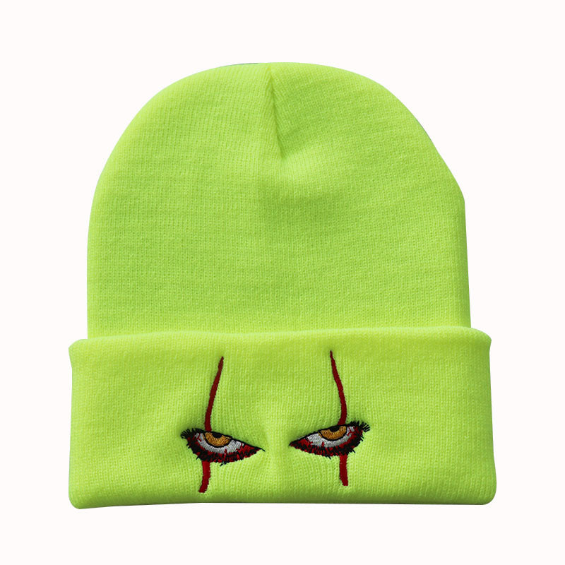Fluorescent yellow beanie with spooky eyes embroidery