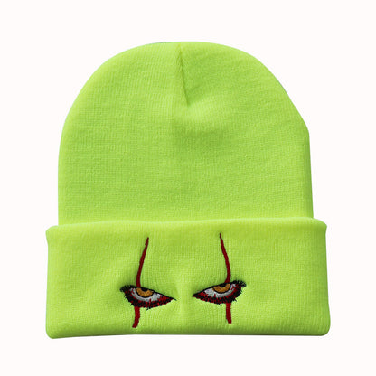 Fluorescent yellow beanie with spooky eyes embroidery