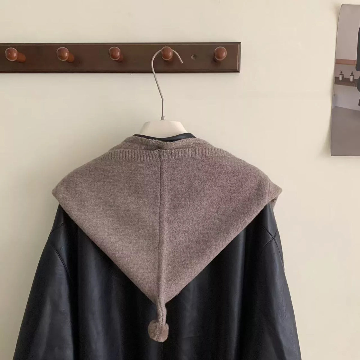 Unisex Knitted Hooded Scarf — closer rear view of taupe knitted hooded scarf