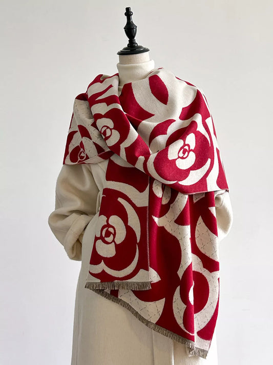 Women's Floral Patterned Warm Scarf in Red - front view 1
