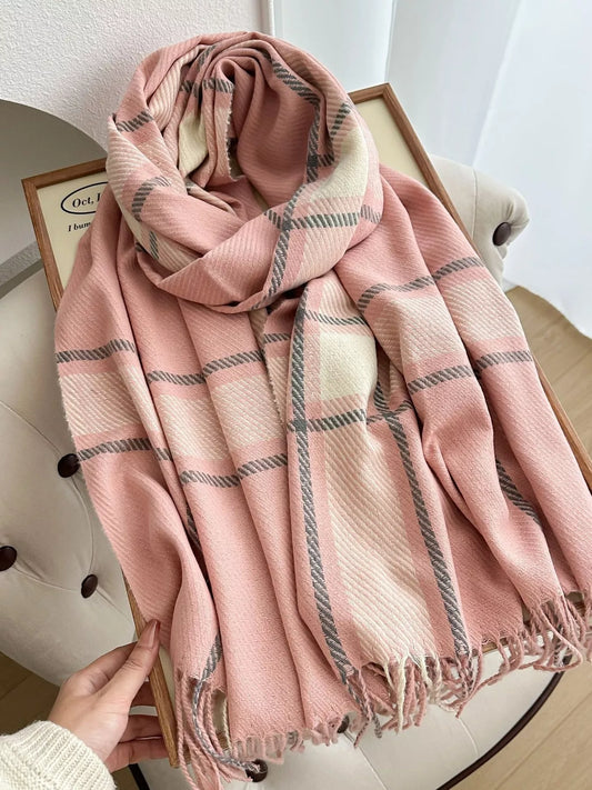 Unisex Classic Plaid Pattern Tassel Winter Scarf in Pink - front view 1