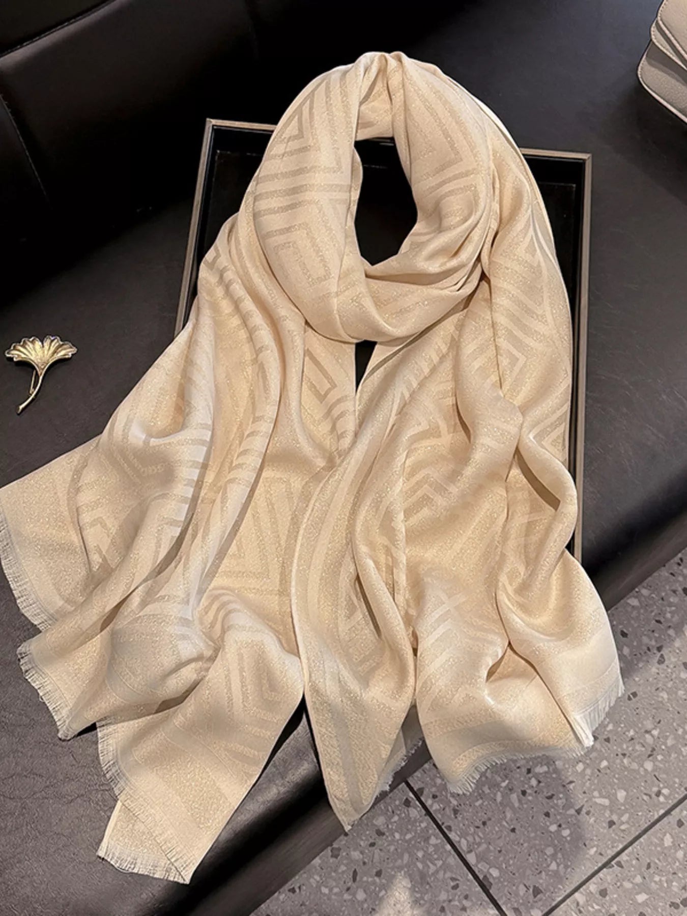 Unisex Raw Hem Lightweight Scarf in Beige - front view 1