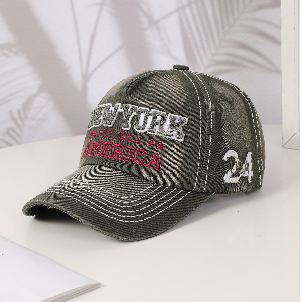 Red New York embroidered cap product angle