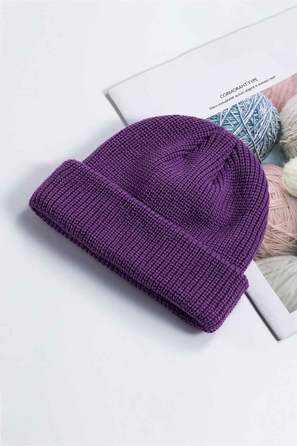 Purple cozy winter beanie folded cuff close-up
