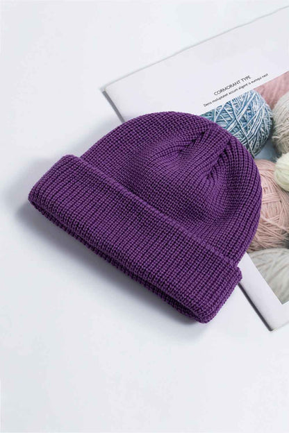 Purple cozy winter beanie folded cuff close-up