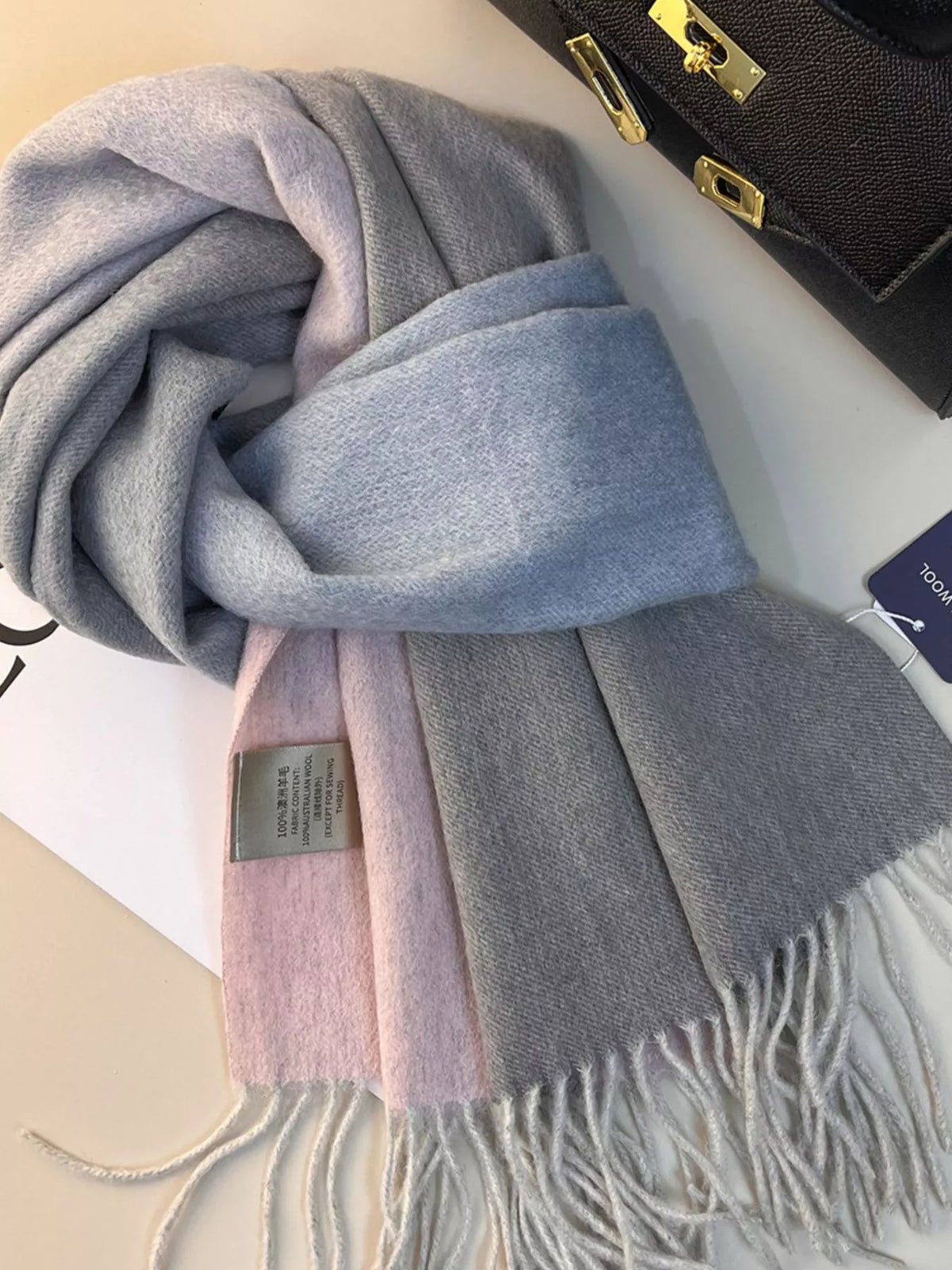 Unisex Color Block Fringe Scarf — pink blue and gray scarf wrapped in a loose knot